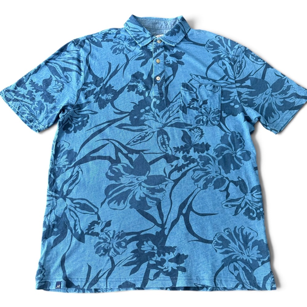 Johnnie-O Hangin Out Golf Polo Men M Blue Floral Hawaiian Print Short Sleeve